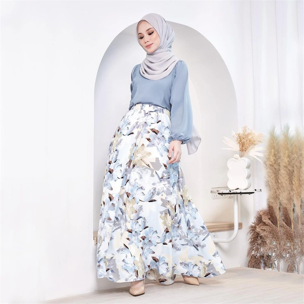 Robe trapèze pour femme d'inspiration musulmane en polyester avec taille élastique, lavable en machine et imprimé floral